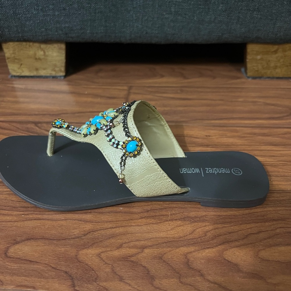 Gold and Blue Ornate Sandals with Decorative Straps - Picture 2 of 3